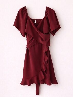 Dokotoo Wrap Mini Dress Size S Fit & Flare V Neck Ruffle Burgundy